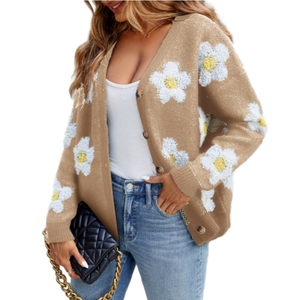 Cardigan tricoté décontracté pour femme, col en V, motif floral 3D, collection automne-hiver explosive, tendance - Product Image 4