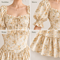 Robe midi personnalisée pour femme, légère, tissée, à imprimé floral, avec buste froncé, manches bouffantes, poignets froncés et ourlet à volants, coupe trapèze