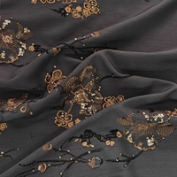 Tissu en Chiffon Gris Foncé avec Broderie de Fleurs de Prunier Noires et Dorées, Style Oriental pour Robes de Soirée, Abayas, Garçons
