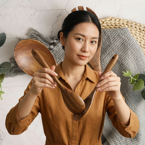 Ensemble de 2 fourchettes à salade et couteau long en bois d'acacia naturel, durable, écologique, résistant au four, lavage à la main uniquement, pour usage en cuisine - Product Image 1
