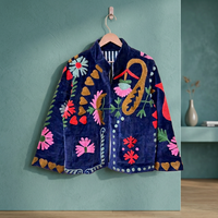 Blouson Bomber en Velours et Coton Brodé Floral, Col Mandarin, Manches Longues, Écologique, Réversible, Ouvert sur le Devant, Taille Unique, Automne