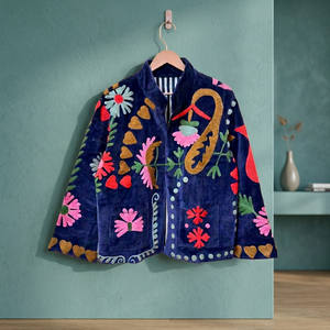 Chaqueta de terciopelo con bordado floral, cuello mandarín, manga larga, estilo Prairie Chic para mujer, abertura frontal, talla única, para primavera/invierno. - Product Image 4