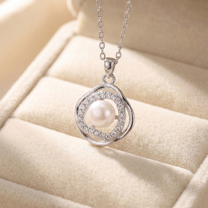 Geometric Diamond Shape Wavy CZ Natural Freshwater Pearl Pendant Necklace <b>Silver</b> Plated Copper Jewelry Double Layer <b>Choker</b> Women - Product Image 2