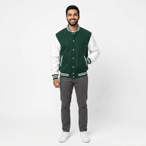 <b>Mens</b> Green and <b>White</b> Varsity <b>Jacket</b> Classic Baseball Style Button Up Lightweight Outerwear with Striped Trim for Fall - Product Image 1