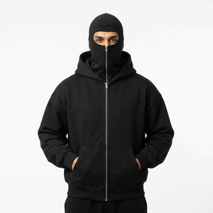Wholesale Custom Men's High Quality Plain Cotton Zip Balaclava Hoodie 500gsm Heavy Weight Zipper Ninja Hoodies & <b>Sweatshirts</b> - Product Image 1
