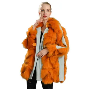 Nuove Donne di Disegno di Inverno Colori Vivaci Reale Giacca di Pelliccia di Volpe Caldo Stile Lungo Gamba Denim Cappotto di Pelliccia di Volpe