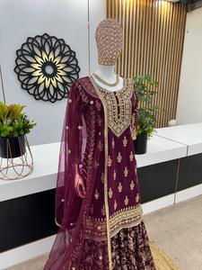 สีแดงFaux GeorgetteปักKurta ShararaชุดDupattaอินเดียDesignerชุดDupatta Partywear Readymade - Product Image 5