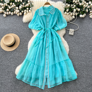 French Elegant Lapel Lantern Sleeve <strong>Dress</strong> Women's Tie-Waist Button-Down <strong>Ethereal</strong> Gown With Slim Design - Product Image 4