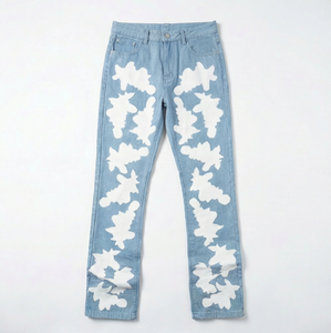 Wangsheng Streetwear England Style High Sweat Denim Waterproof Mid Washed Straight Waist Custom <strong>Leather</strong> <strong>Trousers</strong> for <strong>Men</strong> - Product Image 1