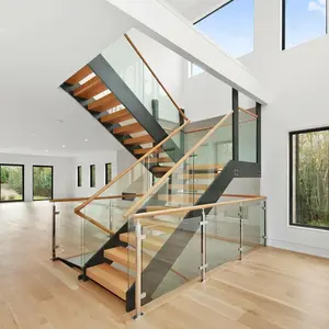 易于安装的价格合理的开放式竖管楼梯设计，带木质扶手不锈钢栏杆直单纵梁楼梯
