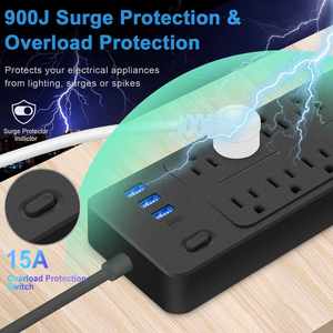 Protector contra sobretensiones Enchufe plano con 10 salidas 3 puertos USB 1 Tipo C 1250W Cable de extensión Tira de alimentación para oficina en casa - Product Image 5