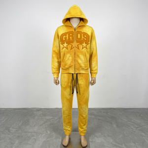 Conjunto de Sudadera con Capucha Amarilla para Hombre, Lavado Ácido, con Cremallera y Estampado de Letras, 100% Algodón, Corte Oversize, Transpirable, Estilo Vintage Hip Hop - Product Image 1