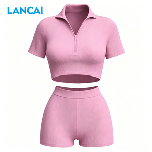 2026 Lancai Women 2 Piece Activewear Set Short Sleeve Zip Crop <b>Jacket</b> Booty Shorts Yoga Gym <b>Workout</b> Fitness Outfit Sportswear - Product Image 3
