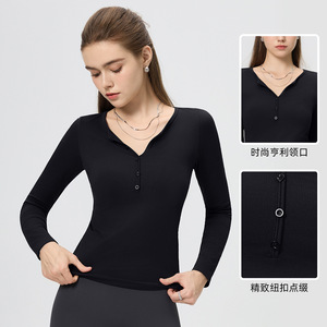 Women's Long Sleeve Henley T-Shirt Black Solid Color Slim Fit Yoga Fitness Top <b>Base</b> <b>Layer</b> - Product Image 1