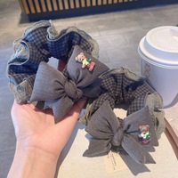 Chouchou pour femme extra large, style coréen rétro, à carreaux gris, avec nœud en dentelle, fait main, haute élasticité, style féerique, marque SR, pour chignon