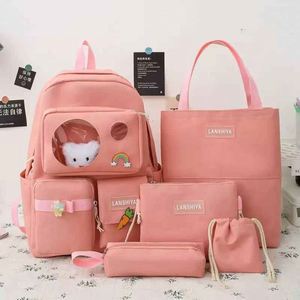 <b>Backpack</b> School 2024 <b>Canvas</b> Waterproof Solid Color Five-Piece Schoolbag Fresh Sweet Bear Large-Capacity <b>Backpack</b> - Product Image 6