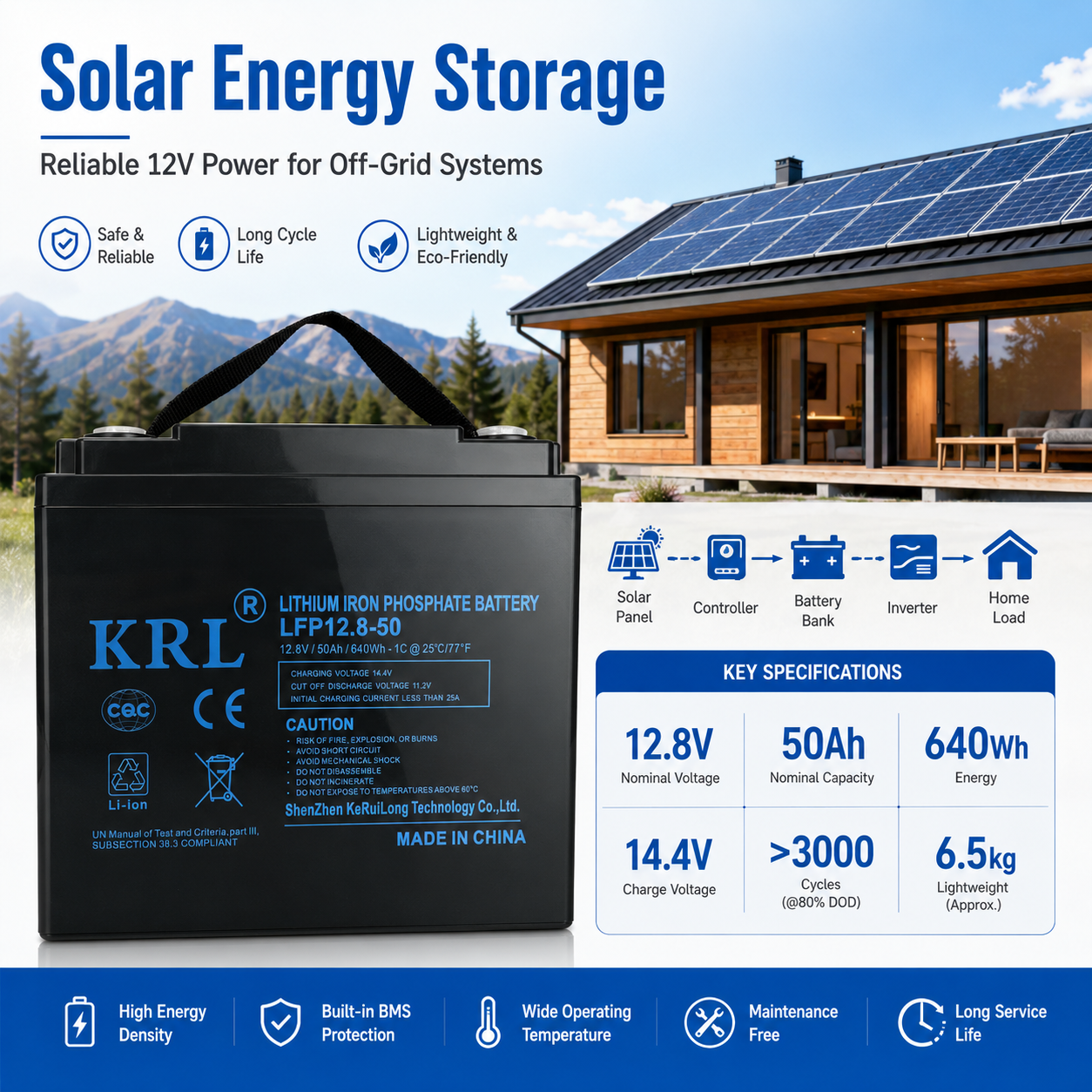 RV Marine <strong>Solar</strong> <strong>Lead</strong> <strong>Acid</strong> Replacement <strong>Battery</strong> 12.8V 50Ah <strong>LiFePO4</strong> 640Wh for Multiple <strong>12V</strong> Power Applications