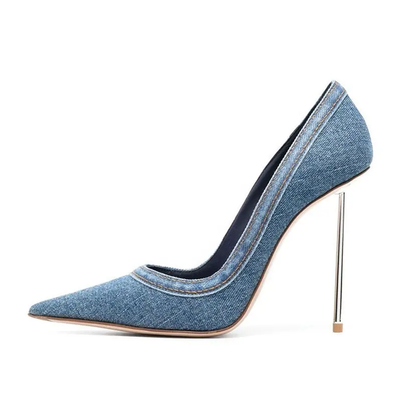 Extreme Thin Heels Big Size 45 Women Dress Shoes Chic Denim Stiletto High-heeled Pumps Pointy Toe Jeans Shoe
