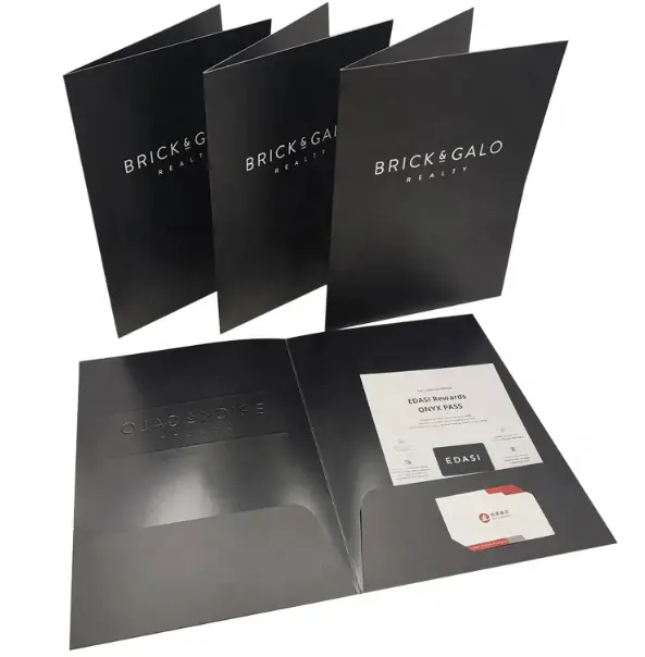 Dossiers d'affaires en carton noir à impression recto verso personnalisée avec pochettes A4 A5 Papier Présentation de documents