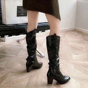 Big Size 46 Solid Knee High <b>Pointed</b> Toe Chunky High Heel Women Boots Ankle Buckle Slip-on Long Booties for Ladies - Product Image 6