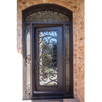 Puerta de hierro forjado de diseño arqueado de lujo con diseños de puerta única exterior de vidrio templado para casas