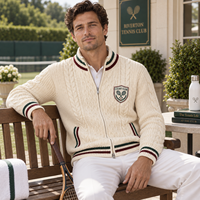 Cardigan zippé en maille torsadée pour homme, style tennis vintage, veste tricotée, logo personnalisé, tricot décontracté, OEM ODM, vente en gros