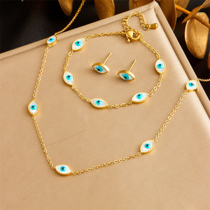 European American Retro Blue Eye Chain Jewelry <b>Set</b> Stainless Steel Women's Gift Necklace <b>Bracelet</b> Earrings - Product Image 1