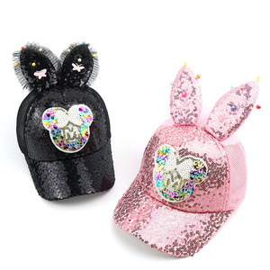 Nuovo commercio all'ingrosso orecchie lunghe cartone animato visiera cappello per ragazze e ragazzi per bambini maglia paillettes colorato sole cappello unisex berretto da baseball - Product Image 4