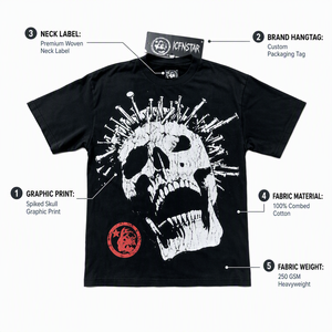 T-shirt unisexe oversize en jersey 100% coton, motif crâne, manches courtes, style streetwear hip-hop, col rond tricoté, bordure contrastée - Product Image 2