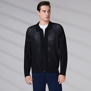 Cardigan en tricot 100 % coton personnalisé avec logo OEM & ODM, pull tricoté à manches longues ajouré style polo pour homme, collection printemps - Product Image 3