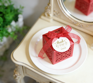 Red Hollow Out Favor <b>Box</b> Made Of Pearlescent Cardboard With Laser Engraving And Organza Ribbon Exquisite - Product Image 4