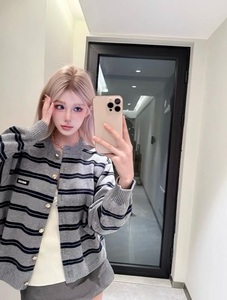 SUHE Women's Korean Gray Striped Wool/Nylon Single Breasted Knit <b>Cardigan</b> <b>Sweater</b> Front Chic Casual Outerwear Autumn Winter - Product Image 3
