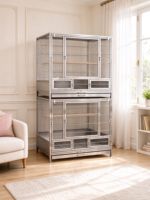 Cage à oiseaux empilable à 2 niveaux en acier inoxydable 304 anti-évasion avec plateau extractible pour perroquets Eclectus, Quaker et Conures