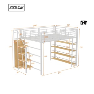 <span class=keywords><strong>Lit</strong></span> <span class=keywords><strong>mezzanine</strong></span> moderne DNF pour enfants 140x200cm, taille Twin XL, structure métallique, escalier de sécurité, tiroirs de rangement, placard, blanc - Product Image 1