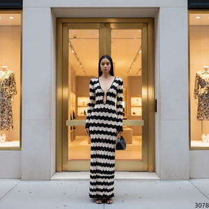 Robe longue <span class=keywords><strong>en</strong></span> maille rayée noire <span class=keywords><strong>et</strong></span> blanche à manches longues, col <span class=keywords><strong>en</strong></span> V profond, découpe avant ajourée, moulante, pour soirée, pour <span class=keywords><strong>femme</strong></span> - Product Image 5