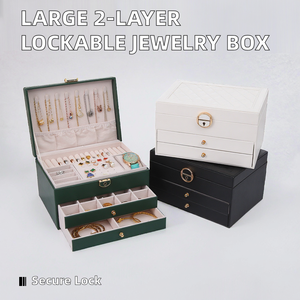 Caja de Joyería Grande de Cuero con Cerradura, Organizador Multicapa con Cajones y Ganchos para Collares para Mujer - Product Image 2