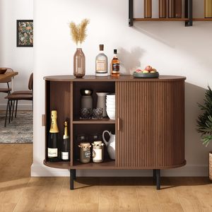 Buffet demi-circulaire SENYU de style nordique du milieu du siècle, couleur noyer, avec grain vertical, double porte, meuble de rangement vintage pour entrée - Product Image 5