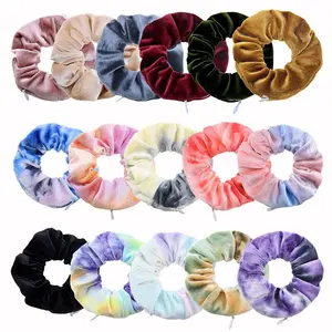 Grosir Cincin Rambut Beludru Elastis Saku Besar Ritsleting Pemegang Scrunchie Organizer Wanita Perempuan Aksesori Rambut