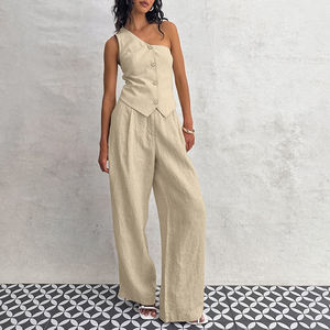 Due pezzi <span class=keywords><strong>donna</strong></span> oversize camicia di <span class=keywords><strong>lino</strong></span> <span class=keywords><strong>pantaloni</strong></span> abiti abbigliamento personalizzato 2 pezzi larghi <span class=keywords><strong>pantaloni</strong></span> camicia gilet di <span class=keywords><strong>lino</strong></span> Set per <span class=keywords><strong>donna</strong></span> - Product Image 1