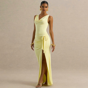 Robe de soirée longue sans manches pour femme, col en V, fente haute, plissée, robe de soirée formelle - Product Image 2