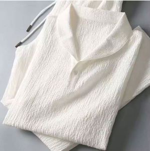 Ensemble décontracté d'été 2 pièces pour homme en satin respirant : Hauts à manches courtes + Pantalon long, couleur unie, col polo à revers, boutons élastiques - Product Image 2