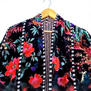 Floral Printed Velvet Quilted Blazer <b>Women</b> Mandarin Collar Full Sleeve Autumn Outerwear gift for her - Product Image 2