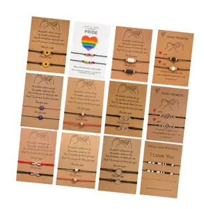 Neue Papier karte Paar Serie Schwarz-Weiß-Vulkans tein Kreative Regenbogen Beige Perlen 2 gewebte verstellbare Armband Set