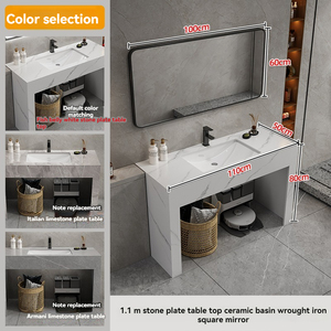 Meuble de salle de bain luxueux gris clair, armoire à miroir intelligente, lavabo blanc, comptoir en marbre autoportant - Product Image 6
