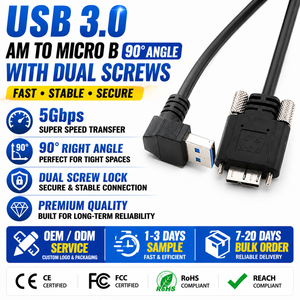 Cable USB 3.0 a Micro B Personalizado LUNG KAY con Doble Bloqueo de Tornillo y Ángulo de 90 Grados para Cámaras de Visión Industrial - Product Image 1