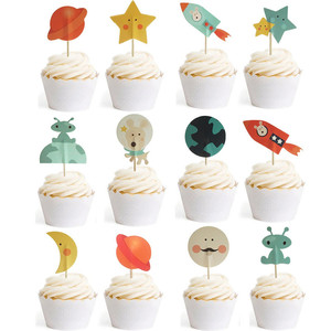 Space Theme Cupcake <b>Toppers</b> 24 Pack <b>Birthday</b> Party Decorations Paper Cake Flags For Kids Dessert Table - Product Image 1
