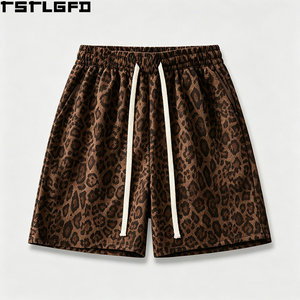 Custom Leopard Print Shorts Heavyweight Cotton Twill Drawstring Waist Streetwear Baggy Bermuda Shorts Wholesale - Product Image 2