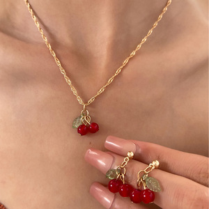 Colliers pendentifs simples <span class=keywords><strong>cerises</strong></span> vertes pour femmes, ensemble boucles d'oreilles chaîne clavicule <span class=keywords><strong>cerises</strong></span> rouges, accessoires bijoux - Product Image 3