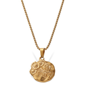 Collier pendentif rond gravé de fleurs, style luxe léger européen et américain, plaqué or 18 carats, en alliage de zinc, bijou cadeau pour femme - Product Image 5