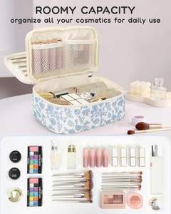 Bolsa de Maquillaje Floral Pequeña, Portátil, de Doble Capa, con Compartimento para Brochas, para Viajes y Artículos de Aseo - Product Image 4